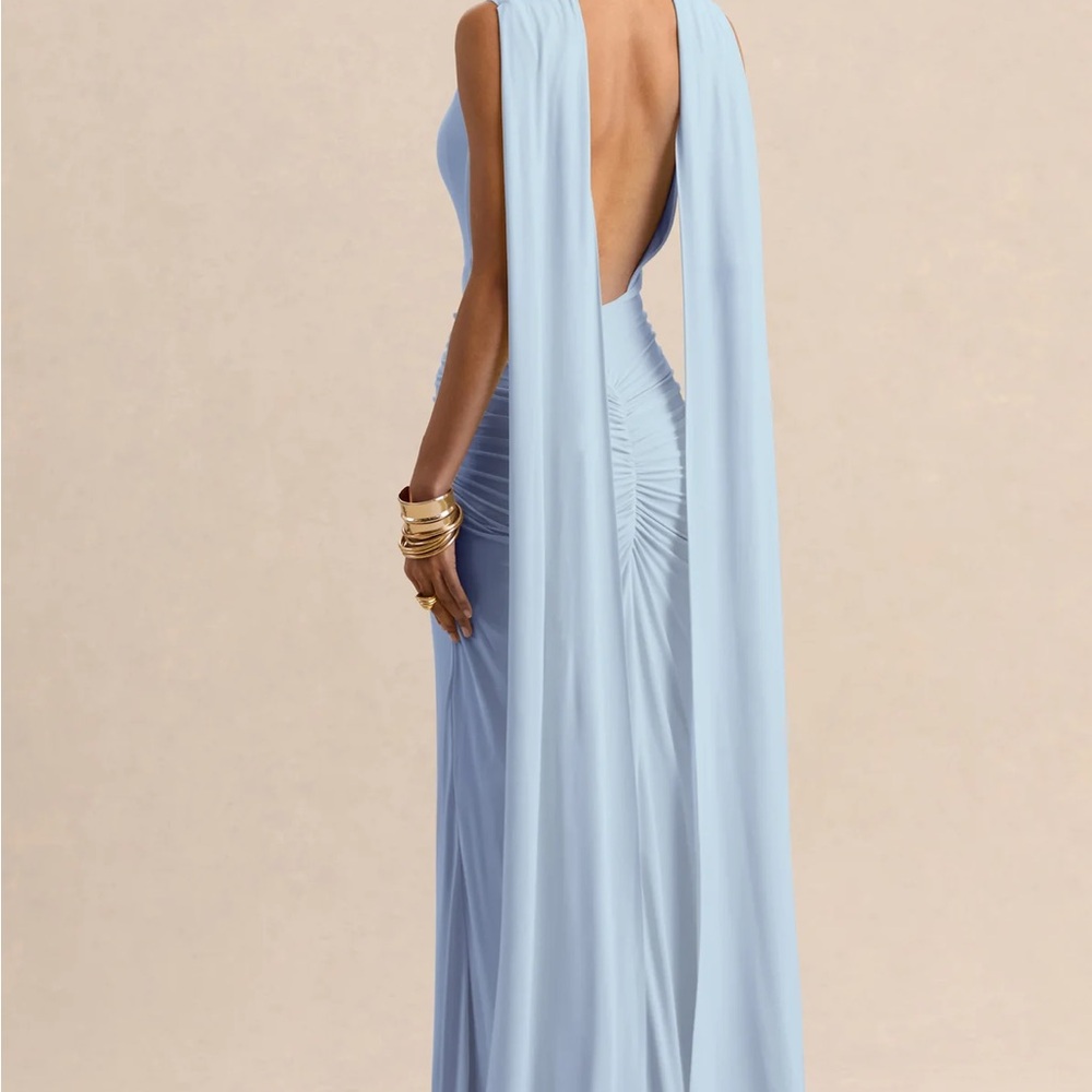Club London Premiere Powder Blue Boat-Neck Maxi Dress Cape-Sleeves Open-Back